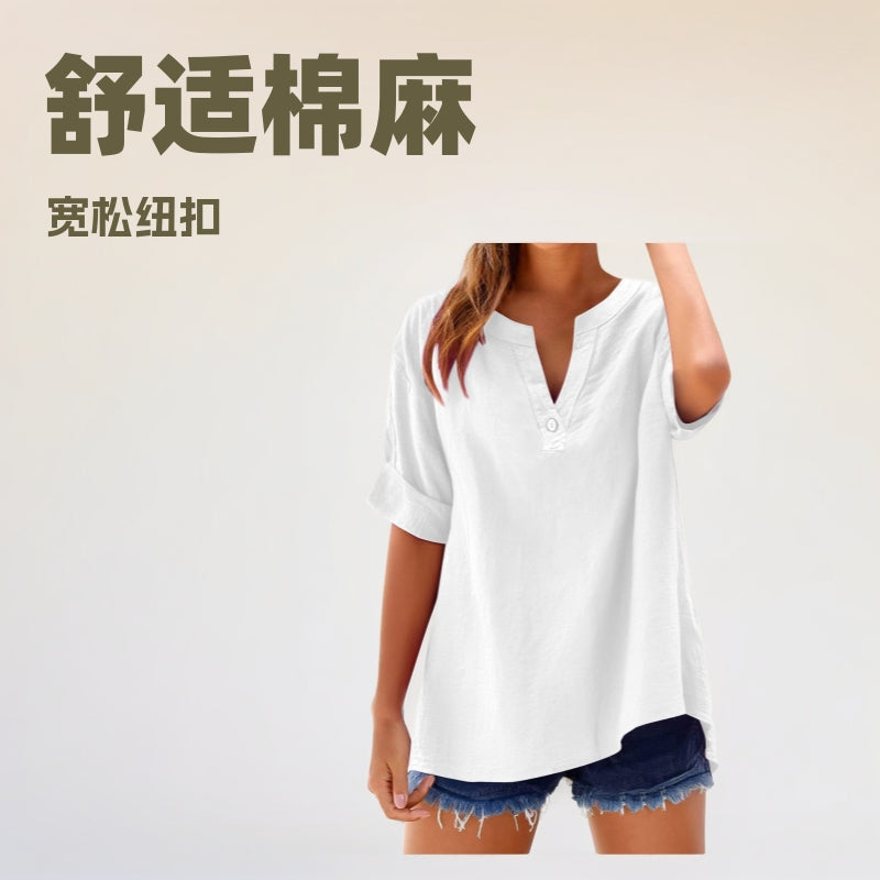 cross-border spring/summer new arrival: cotton linen button-down shirt - casual, loose fit, elegant, plus size v-neck top