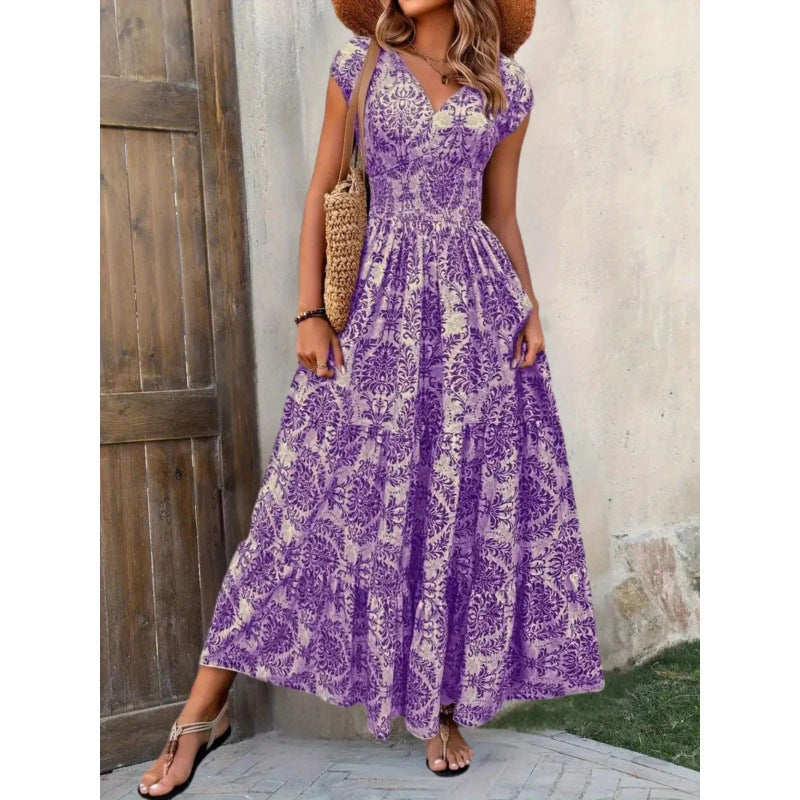 Shipped: bestselling new printed v-neck, cinched-waist maxi dress for independent e-commerce stores – european and american cross-border summer dress
