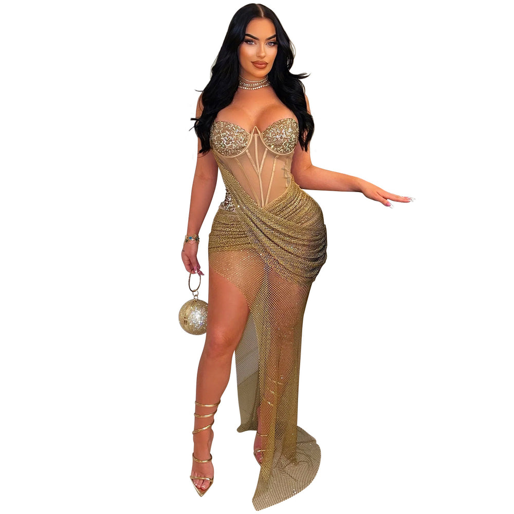C6883 cross-border   fashion women's sexy mesh rhinestone suspender long dress