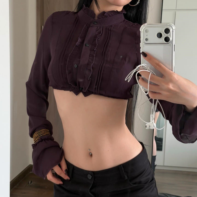 European and american women's clothing  summer new french sweet temperament ruffle trim cropped lantern sleeve blouse top