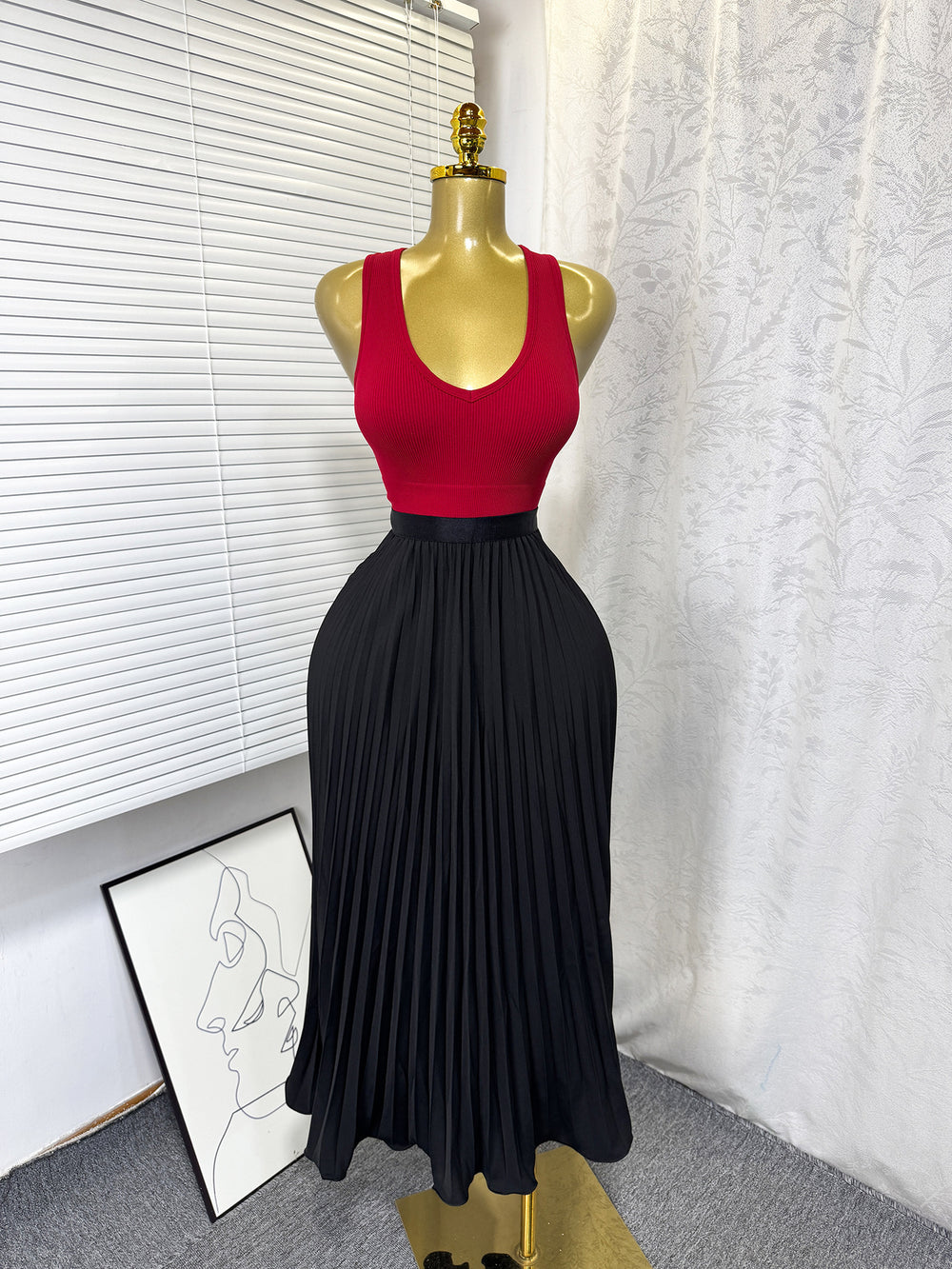 K-stylehigh waist elastic waist pure colorpleated skirt a-line skirt slimming lookeasiest for matchwork clothing skirt