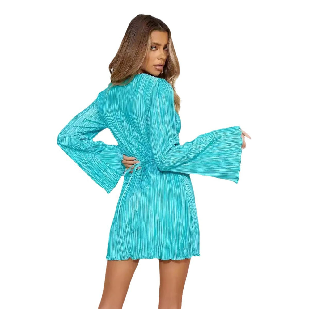 european and american  pleated flared long sleeve sexy slit tie-up midi dress