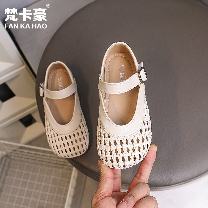 Vancahao girls' knitted leather shoes -  summer new arrivals: korean-style grandma shoes, open-toe sandals for kids