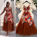 Vacation style smudged printing mesh suspender dress women's summerk-stylehigh waistelegant large swing long skirtwork clothing