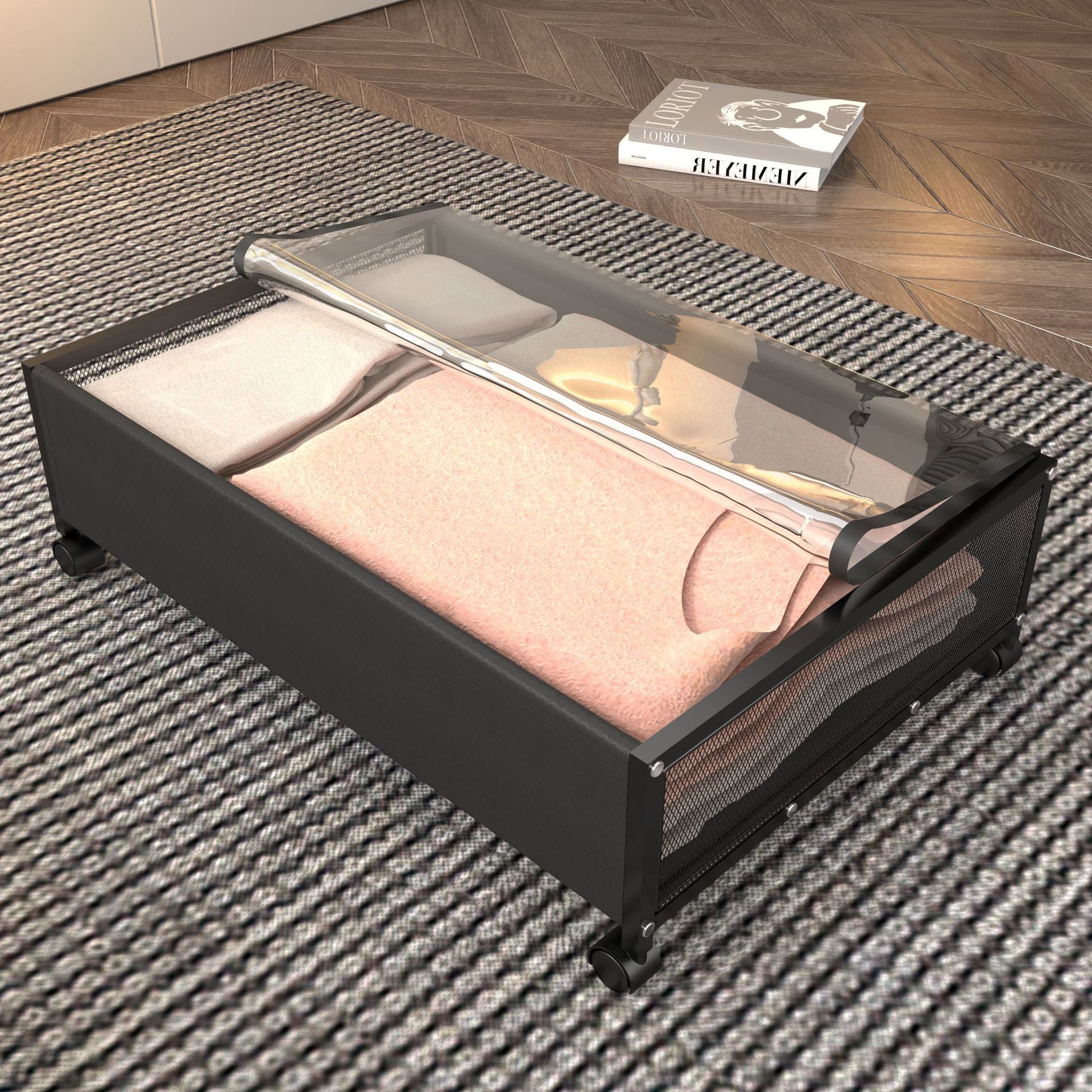 bed storage basket household under bed clothing dust rack dormitory wrought iron wheel book finishing rack