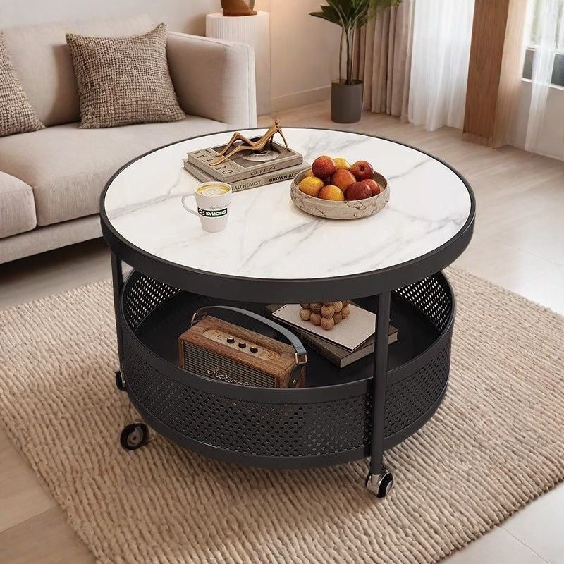 Cream style double-layer coffee table slate coffee table accessible luxury living room small apartment for home wheeled movable round table coffee table