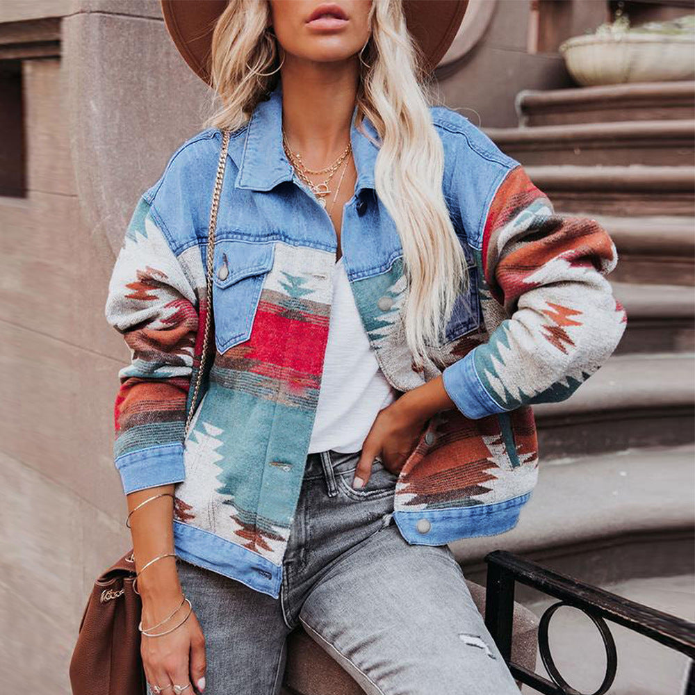 European and american cross-border e-commerce women's apparel:  independent store autumn new arrival - washed color block denim jacket, cropped top