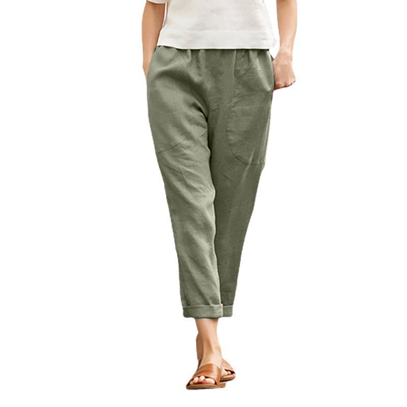 european and american export women's large pocket solid color comfortable cotton linen casual straight-leg trousers