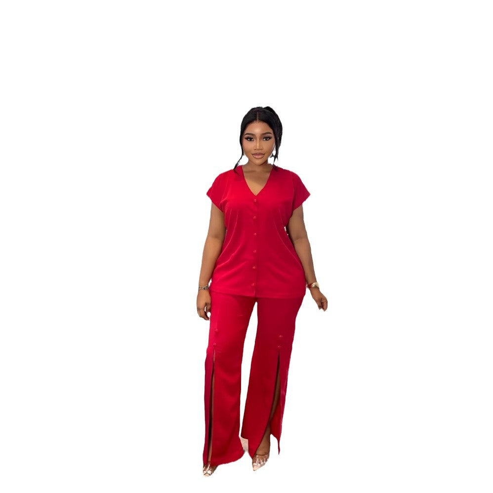 European and american cross-border women's fashion:  autumn/winter new collection - solid color v-neck single-breasted top and slit wide-leg pants two-piece set