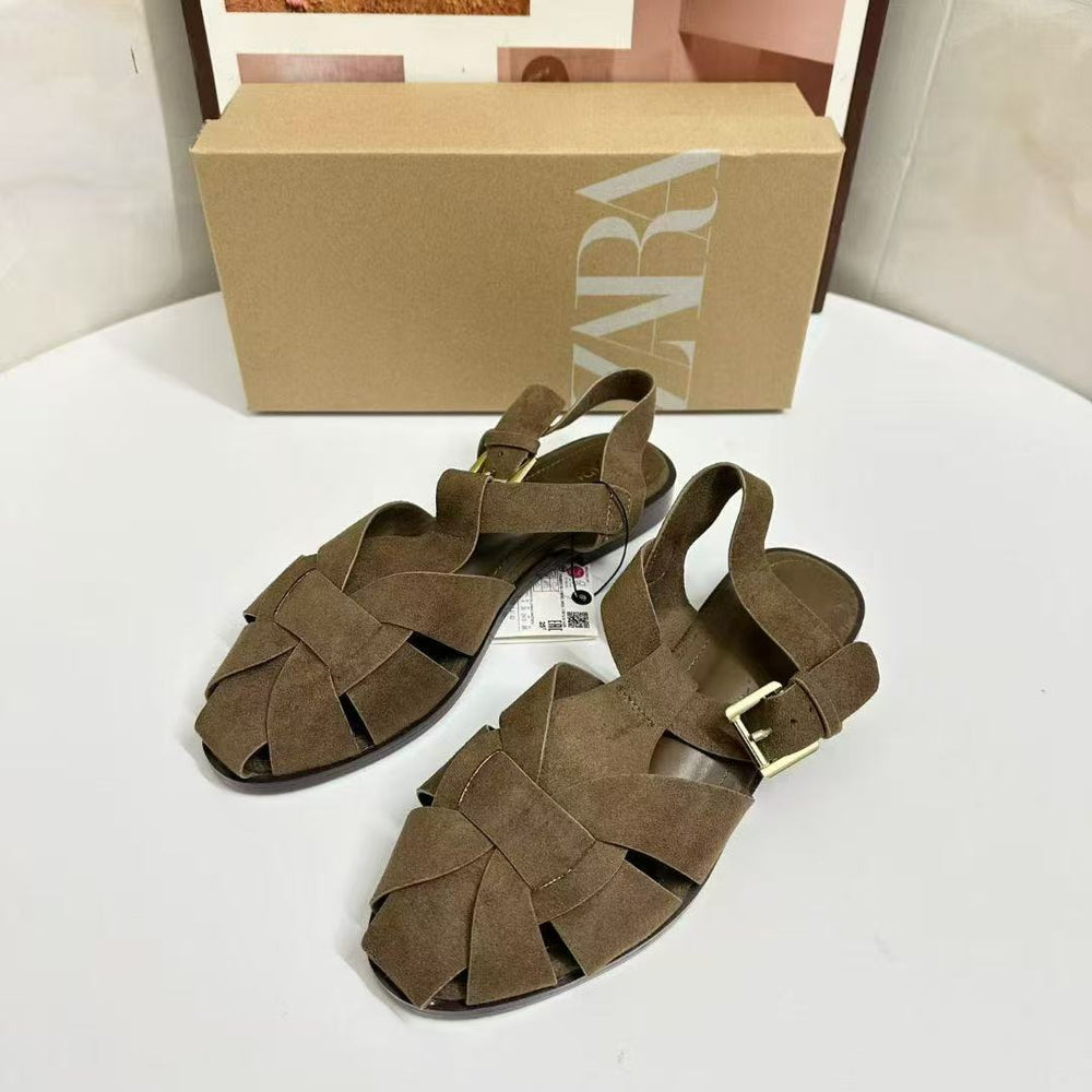 Za2025summernew arrivalcut out round toe sandals women's bag toe easiest for match lightweight plaidflats roman beach women's shoes
