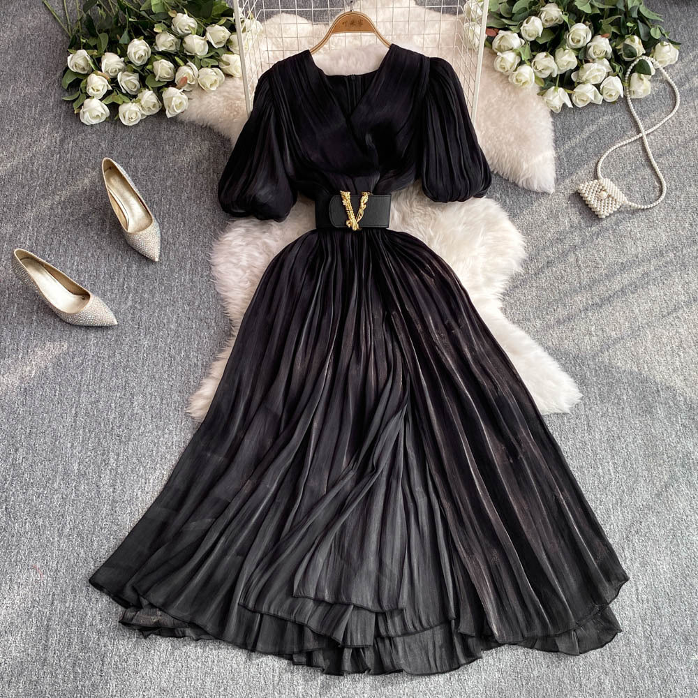 Summer french chic elegant puff sleeve short-sleeve dress v-neck pleated waist flared maxi dress with belt