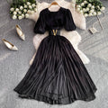 Summer french chic elegant puff sleeve short-sleeve dress v-neck pleated waist flared maxi dress with belt
