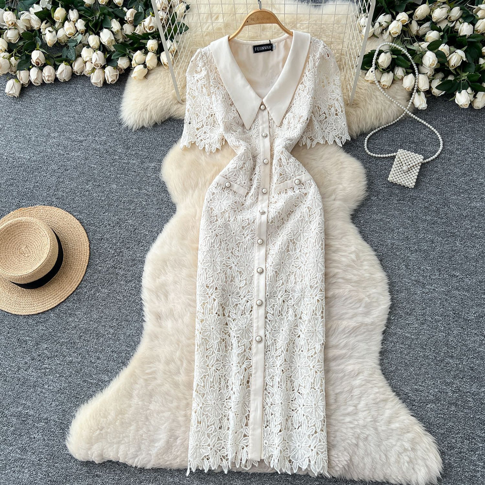 Frenchretro style short-sleeved dress women's summer mesh cut out single-breasted silm chic royal sister elegant long skirt