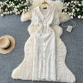 Frenchretro style short-sleeved dress women's summer mesh cut out single-breasted silm chic royal sister elegant long skirt