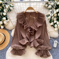 French chic v-neck ruffle trim pleated blouse - women's spring/summer long sleeve, versatile and stylish design top