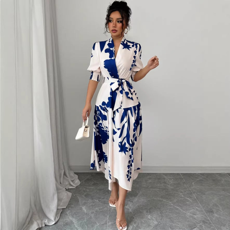 european and american style printed v-neck women's dress - new arrival