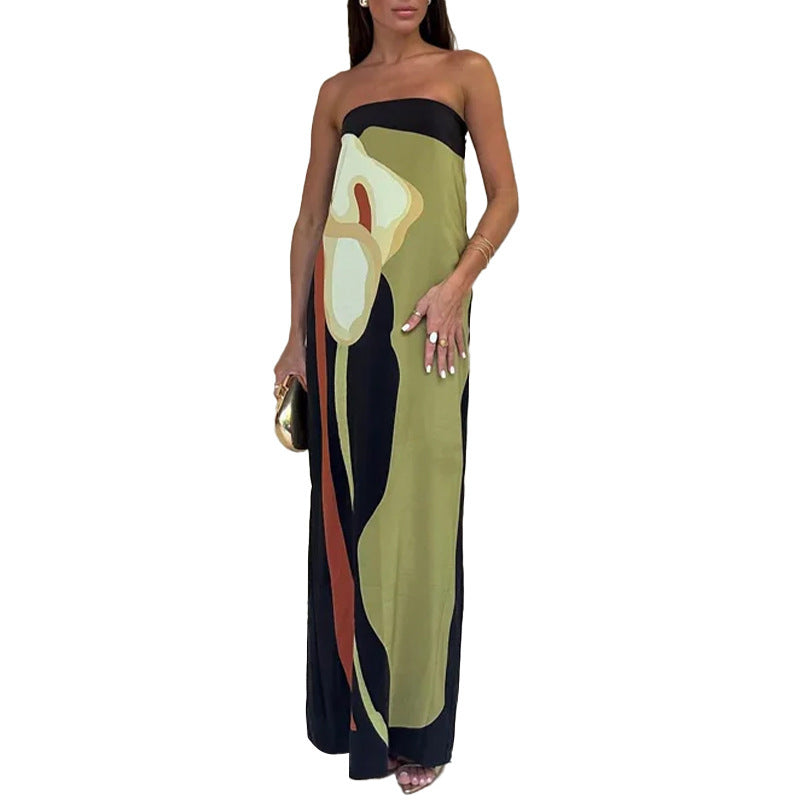 cross-border e-commerce women's fashion: european and american summer new arrivals - trendy off-the-shoulder bandeau sexy backless printed dress