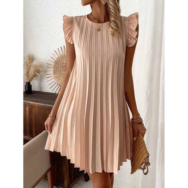 's new women's solid-color ruffle-edged pleated decorative sleeveless dress