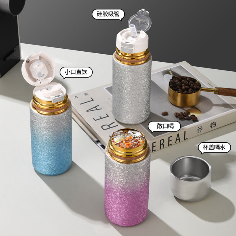 Titanium-coated capsule pocket thermos - one cup, three ways to drink: tea, water separation, mini portable outdoor sports straw cup