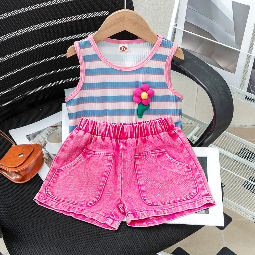 cross-border new arrival: girls' european & american style striped print tank top + washed denim shorts set