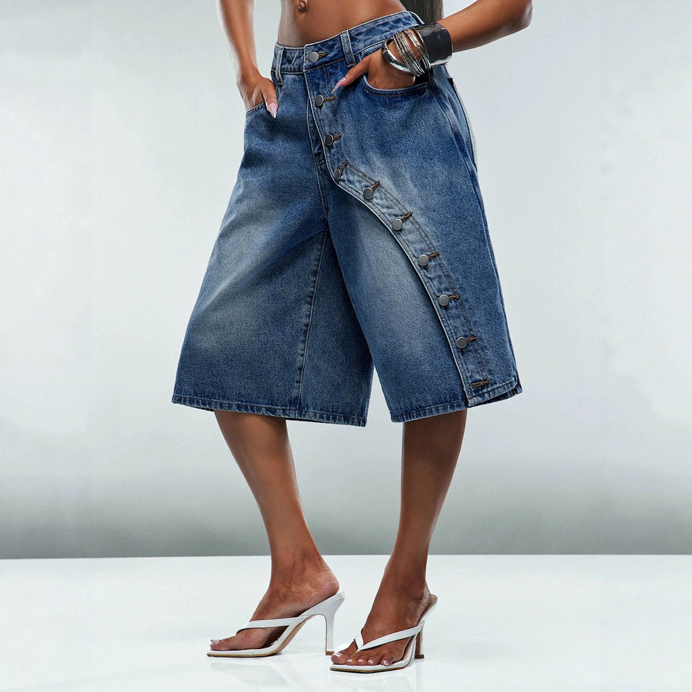 Fashion jeans women's diagonal button wide-leg cropped jeans cross-border hot girl washed pants foreign trade women's clothing