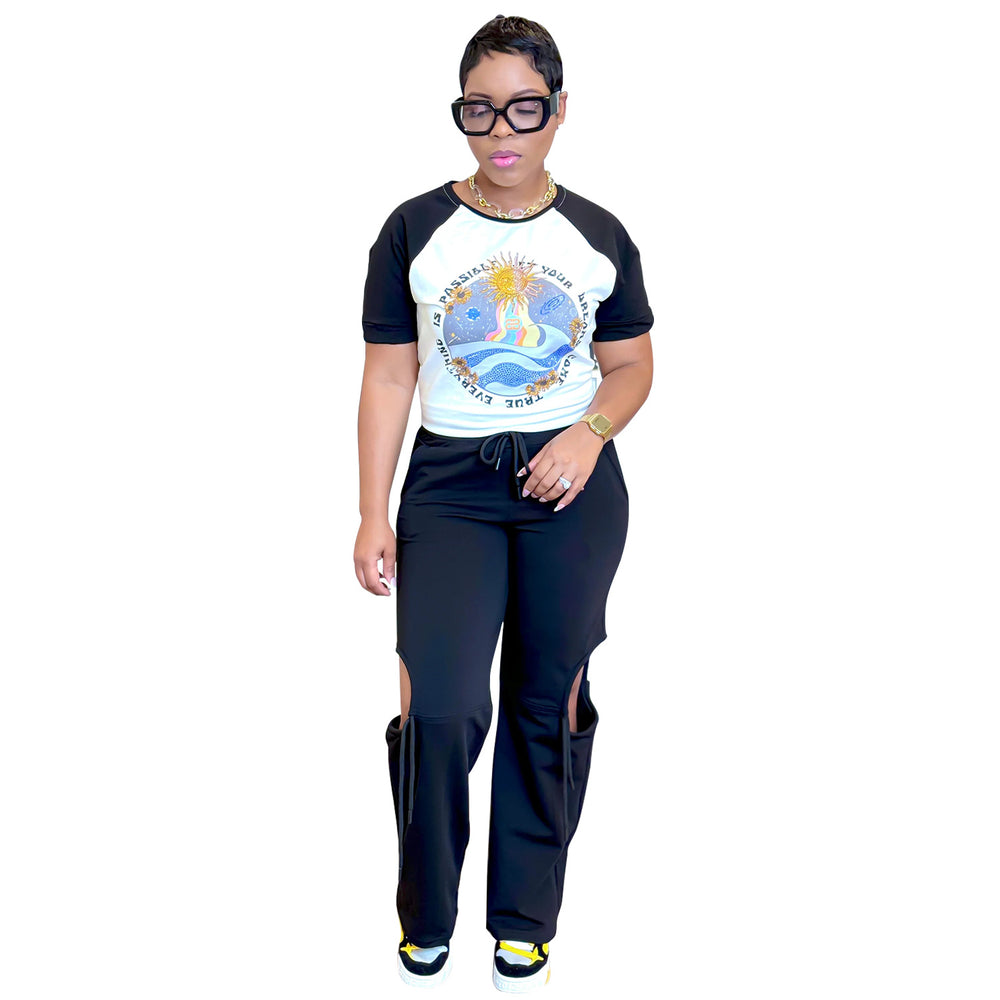 C6998 cross-border   independent station fashion women's printed multi-color short sleeve pants suit