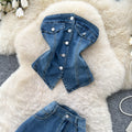 Korean style commute outfit: denim two-piece set for women - summer slim fit, high-waisted, effortless style