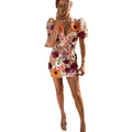 European and american cross-border  ins new arrival v-neck 3d floral bodycon lantern sleeve dress sexy embroidered evening gown