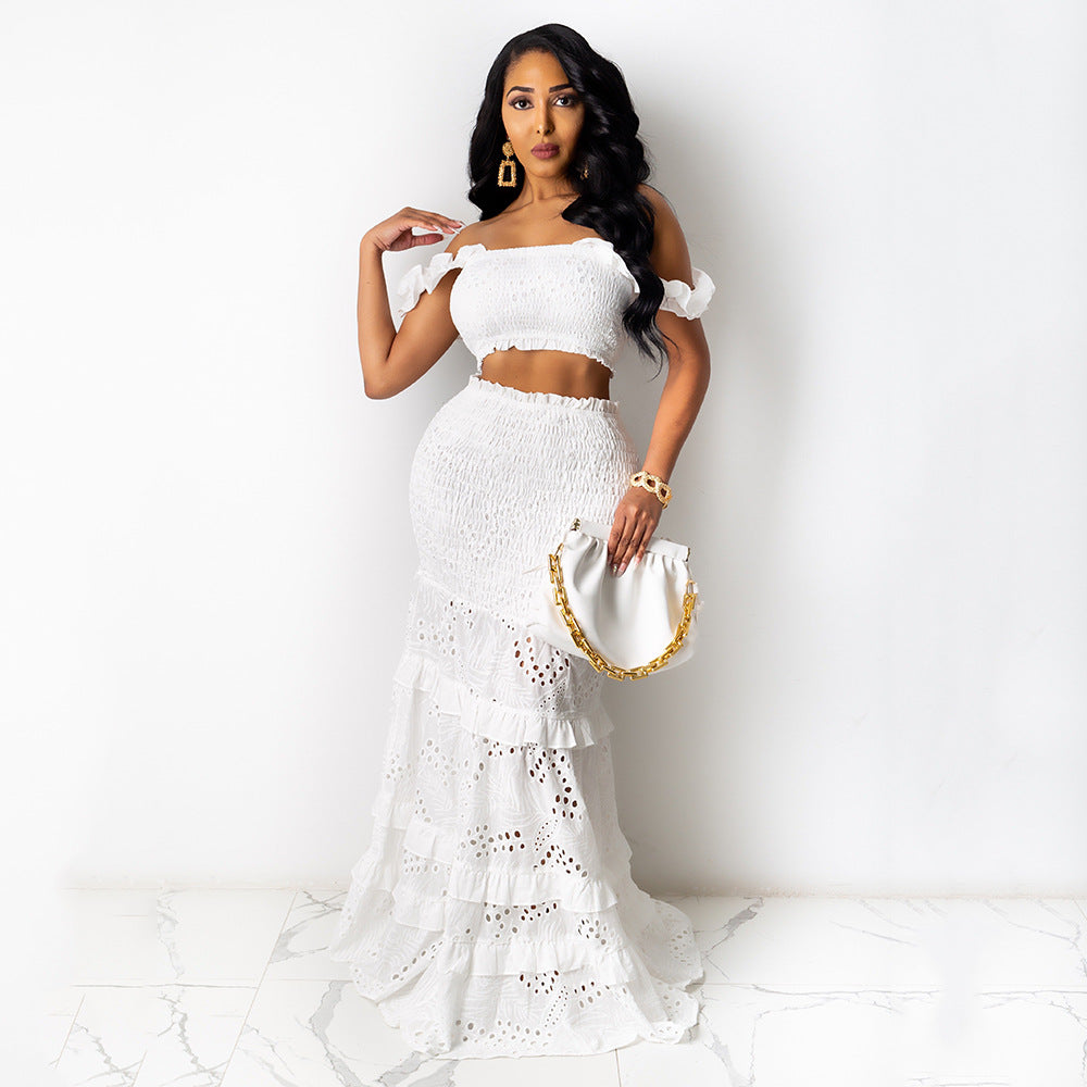 2025 new cross-border women's fashion: european and american style midi skirt & fitted two-piece set with fishtail hem, cropped top, and lace maxi skirt