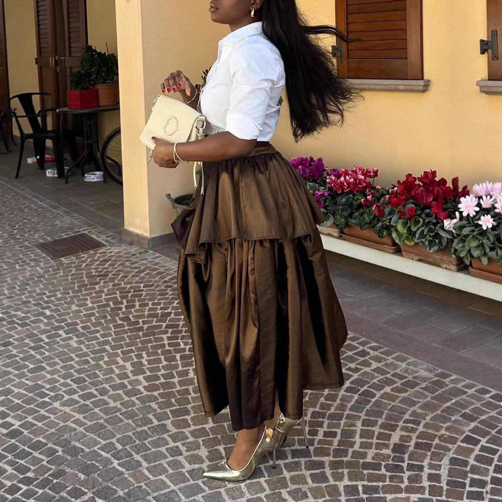 European and american cross-border women's fashion  summer new high-waisted ruffle pleated a-line midi skirt