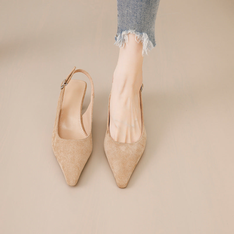 French pointed-toe stiletto sandals for women, 2026 new collection, suede open-back thong heels, versatile mid-heel, elegant and chic high heels