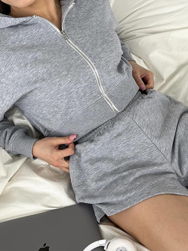 European and American  women's clothing fashion short zipper jacket shorts two-piece set casual sports cardigan shorts set women