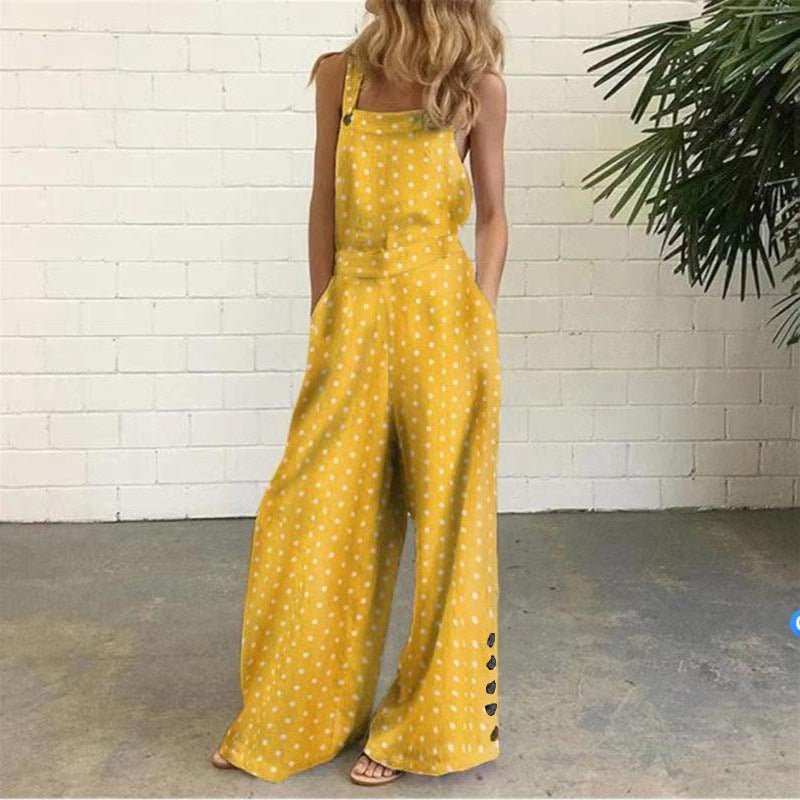 Independent station fashion  new  four-color polka dot wide-leg pants pants digital printing backless jumpsuit