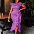 Autumnelegancev neckruffles hip skirt high waist slit asymmetrical hem evening dressdresses