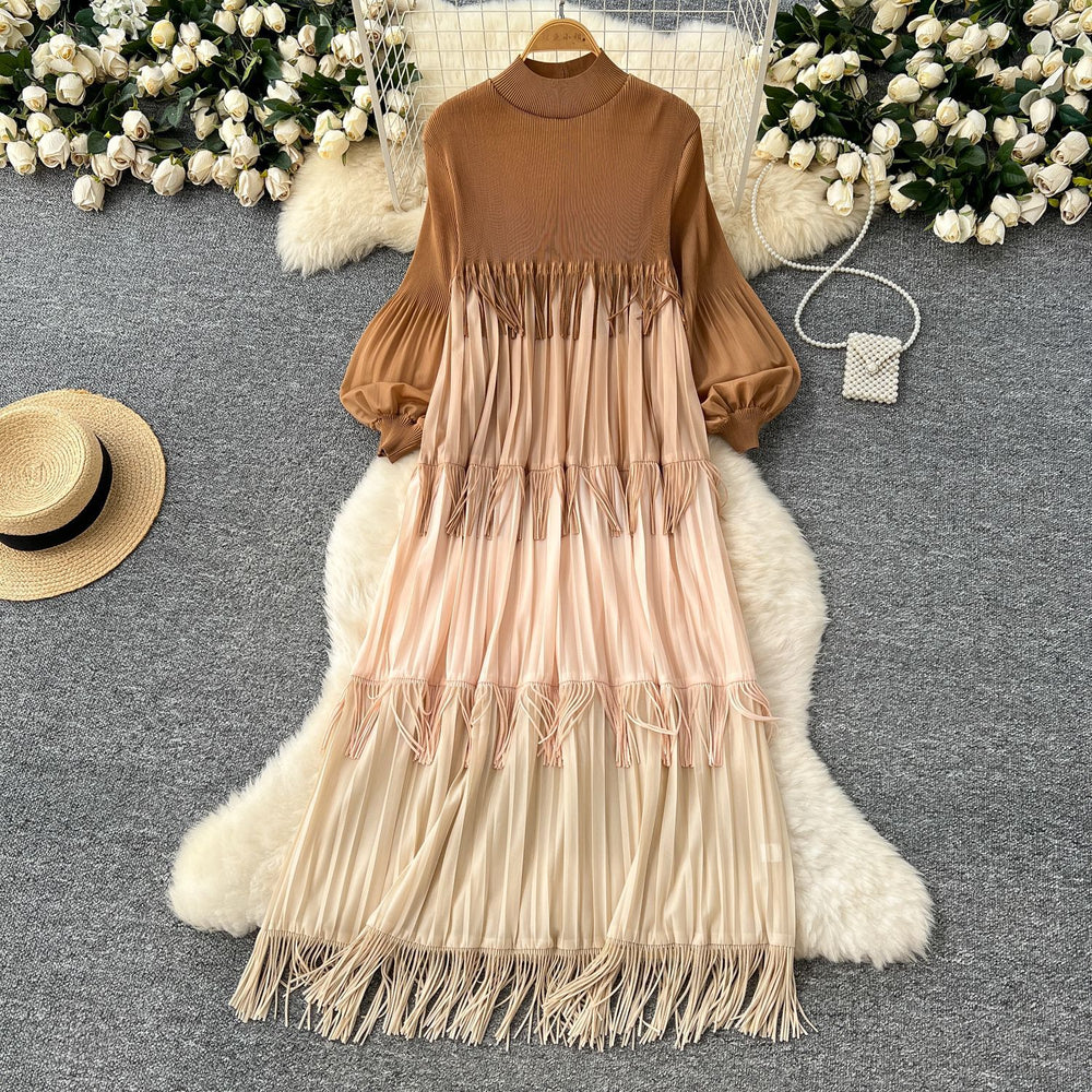 Miura european and american fashion dress women's  spring high-end lantern sleeve loose slimming color block tassel maxi dress
