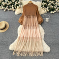 Miura european and american fashion dress women's  spring high-end lantern sleeve loose slimming color block tassel maxi dress