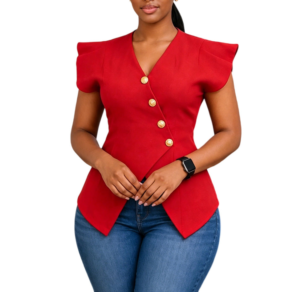 D3376 cross-border  european and american women's clothing  summer new v-neck ol chic fashion ruffle sleeve export top