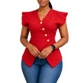 D3376 cross-border  european and american women's clothing  summer new v-neck ol chic fashion ruffle sleeve export top