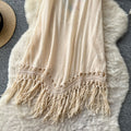 Bohemian tassel crochet dress - women's summer korean style v-neck embroidered vacation maxi dress - high waist slimming