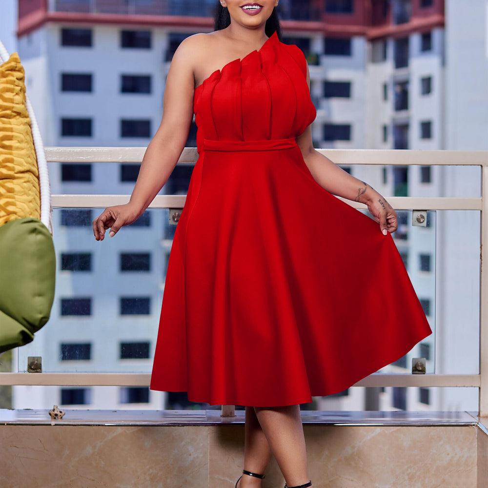 European and american plus size women's fashionable and elegant solid color sexy high waist ruched off-the-shoulder evening gown cross-border dress
