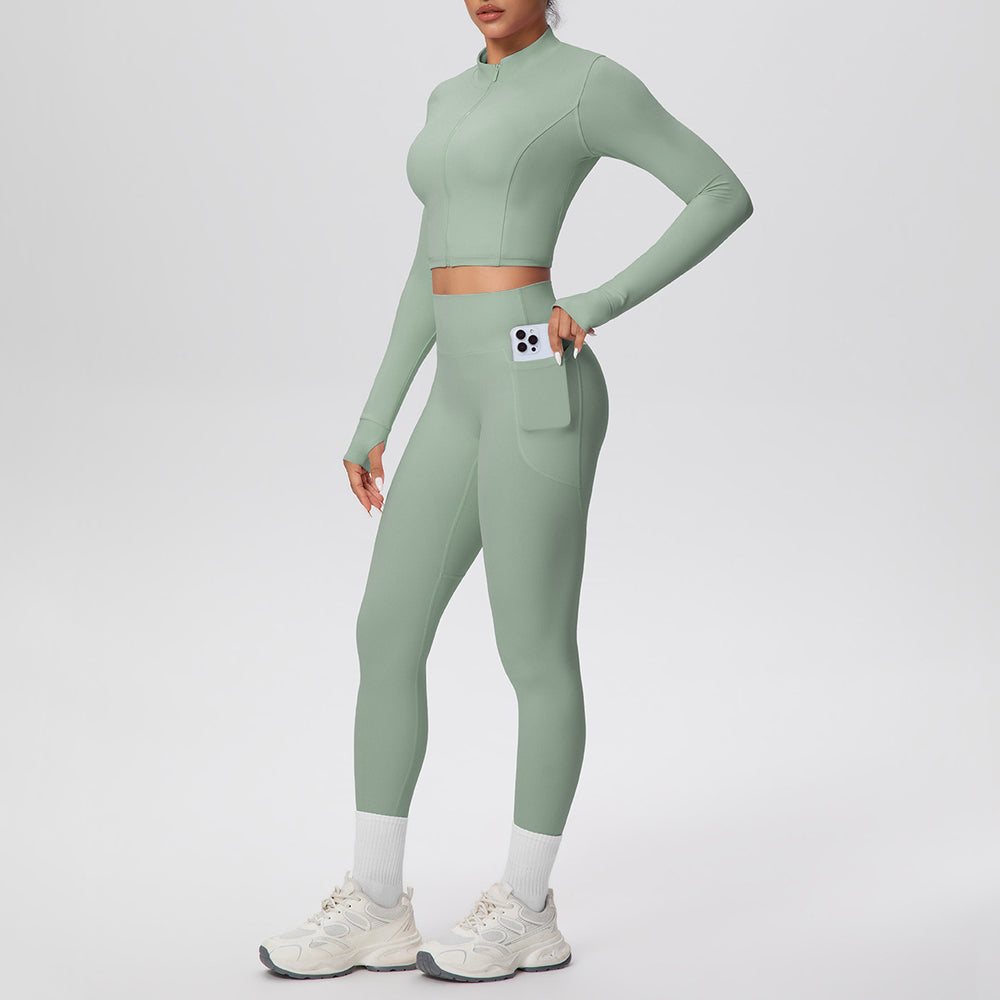 Ready-to-ship cross-border solid color brushed micro-fleece short jacket & leggings set - tight fit, pocketed, perfect for running, fitness, and yoga