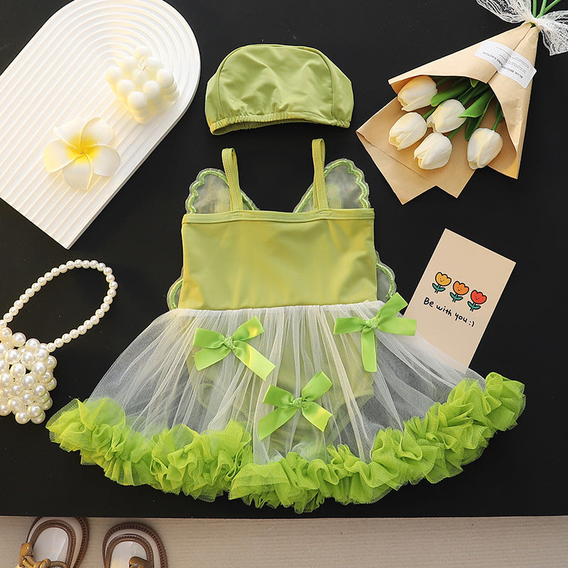 Baby girl swimsuit cute one-piece suspender swimsuit for children and small children hot spring mesh skirt style one-piece swimsuit surfing
