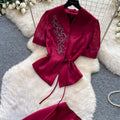 Luxury chic wine red puff sleeve top and high-waisted maxi skirt two-piece set - women's summer commute outfit, slim fit and figure-flattering