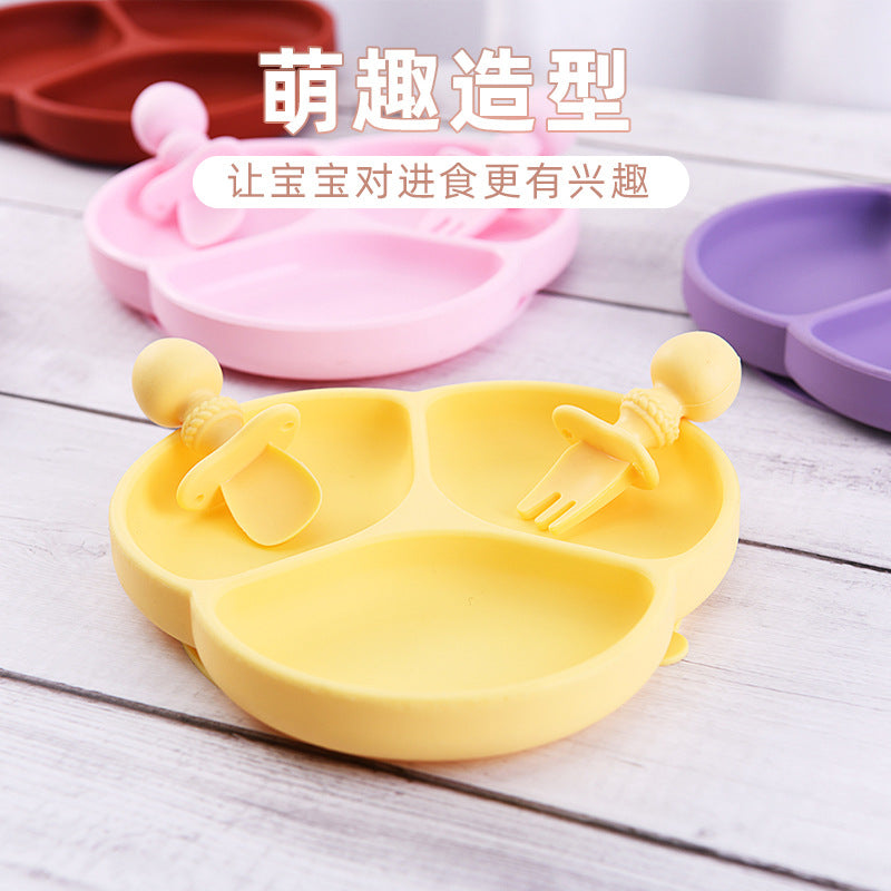 Food-grade silicone fork and spoon set, simple flower three-grid plate, non-slip silicone fork and spoon plate two-piece set