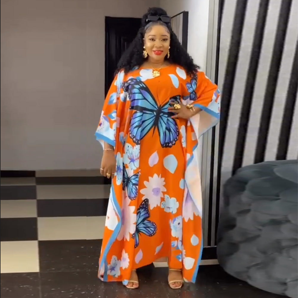 African batwing sleeve robe -  &  women's clothing - loose fit plus size printed chiffon dress