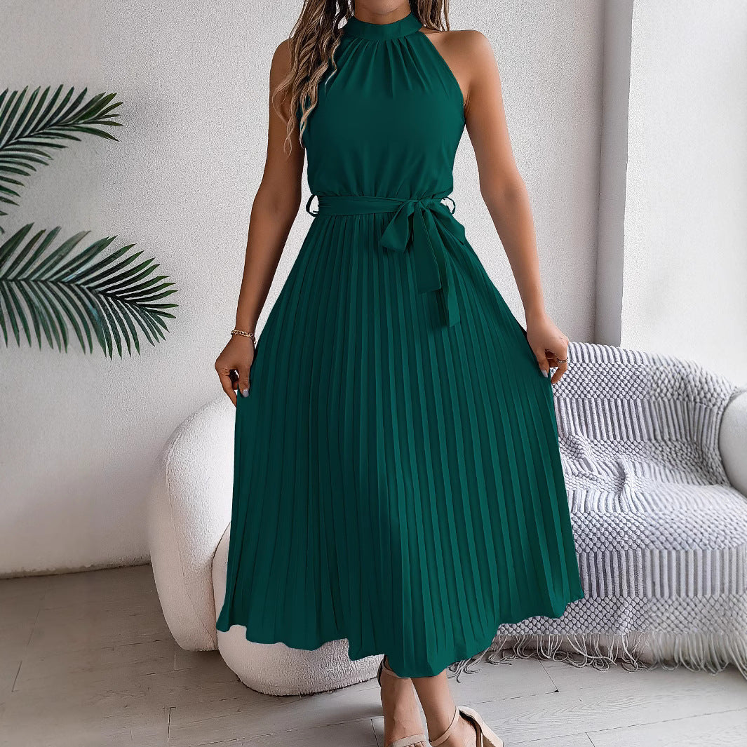 Real shot 2025 European and American spring and summer elegant stand-up collar sleeveless waist pleated dress,   women's clothing