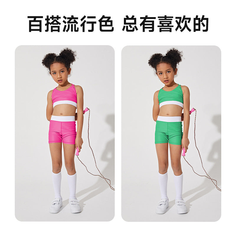 spring/summer new kids' yoga outfit - training, activewear, color block, high-waisted, criss-cross, fitness crop top for girls