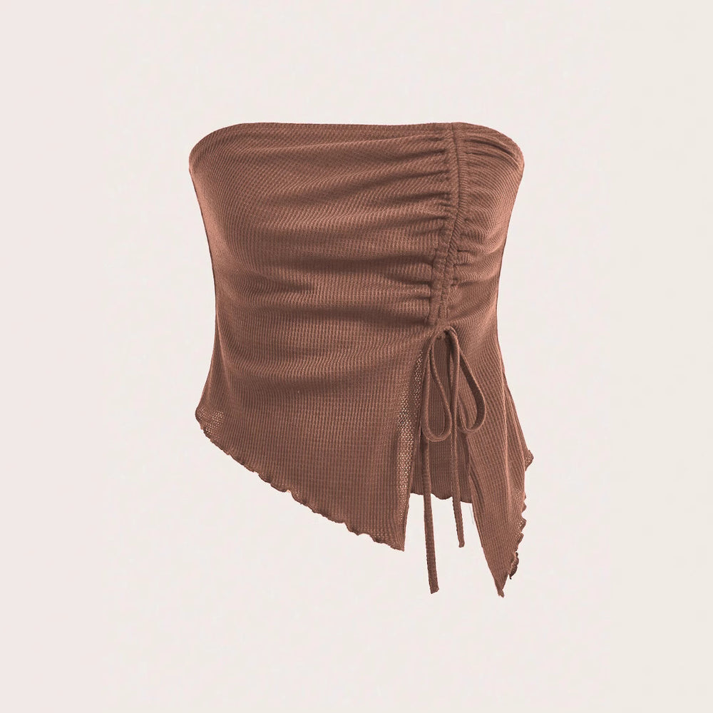 european and american women's clothing  summer new drawstring slit irregular waffle knit bodycon bandeau top