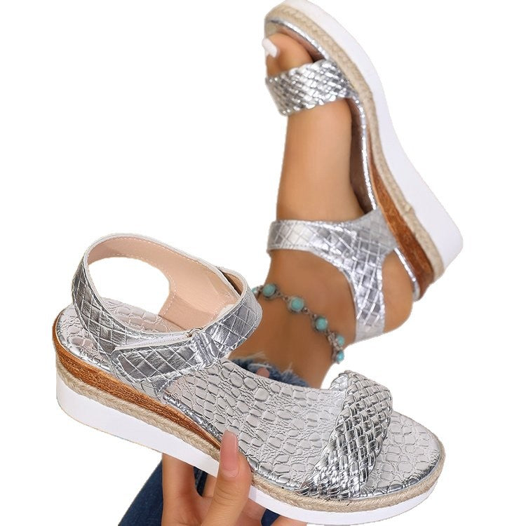 Fashionexportplus size one-piece wedge sandals for women cross-border buckle thick sole woven lightweight beach sandals