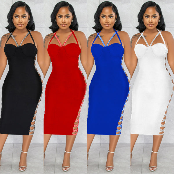 X5657 Cross-border New Product  Ebay Solid Color Sexy Suspender Hollow Zipper Long Dress Split Dress Women